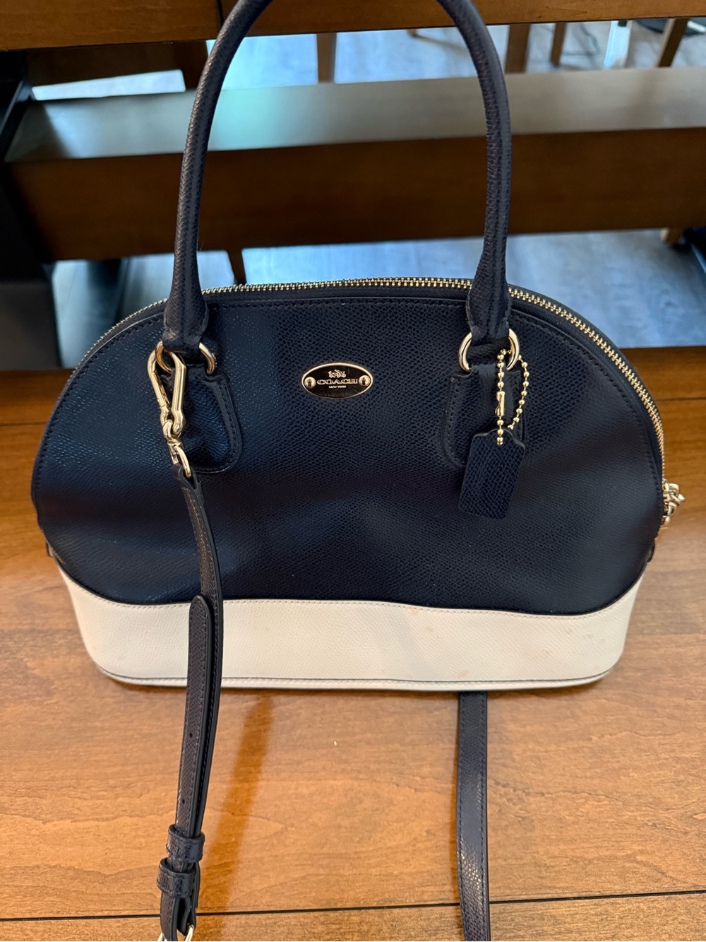 Coach Navy and White Dome Satchel with Gold Hardware